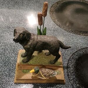 Black Dog Figurine with Duck and Cattails